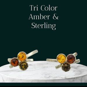 Vintage Tri-Color Amber & Sterling Silver Earrings Artisan Green Honey Cognac